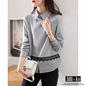【Jilli~ko】韓版假兩件條紋蕾絲襯衫領衛衣 M-XL J9800  L 灰色