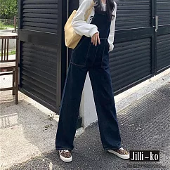 【Jilli~ko】韓版復古水洗牛仔大口袋背帶連身褲 L─XL J9807 XL 深藍色