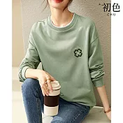 【初色】圓領大學T恤長袖刺繡純色上衣-綠色-64370(M-2XL可選) M 綠色