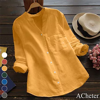 【ACheter】 棉麻襯衫長袖寬鬆大碼V領棉麻短版上衣# 115706 M 黃色