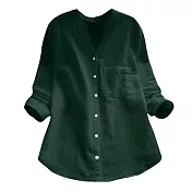【ACheter】 棉麻襯衫長袖寬鬆大碼V領棉麻短版上衣# 115706 L 綠色