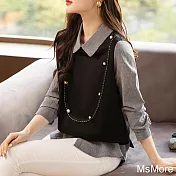 【MsMore】 黑色條紋假兩件拼接寬鬆長袖氣質減齡短版上衣# 115743 2XL 黑色