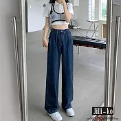 【Jilli~ko】韓版高腰顯瘦牛仔闊腿直筒拖地褲 L-XL J9917  XL 深藍色