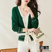 【Jilli~ko】春季新款V領氣質通勤百搭拼色針織開衫 J9931  FREE 綠色