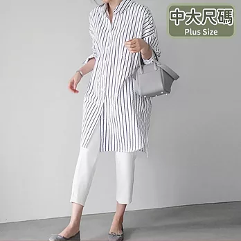 【慢。生活】Chic韓國風大碼中長款直條紋BF女式襯衫 J9938  FREE 白色
