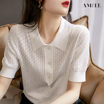 【AMIEE】氣質透氣菱形鏤空POLO衫(KDTY-A1281) F 白色
