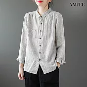 【AMIEE】復古棉麻條紋襯衫(KDTY-2504) L 麻杏條