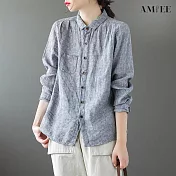 【AMIEE】復古棉麻條紋襯衫(KDTY-2504) L 藍條