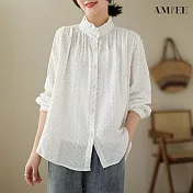 【AMIEE】復古棉麻顯瘦襯衫上衣(KDTY-6382) L 白色