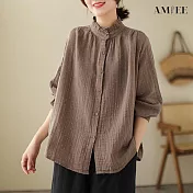 【AMIEE】復古棉麻顯瘦襯衫上衣(KDTY-6382) L 棕色