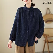 【AMIEE】復古棉麻顯瘦襯衫上衣(KDTY-6382) L 藏藍