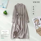 【AMIEE】法式復古棉麻長袖連身洋裝(KDDY-9891) M 卡其色