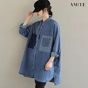 【AMIEE】拼接百搭牛仔襯衫上衣(KDTY-1313) 2XL 藍色