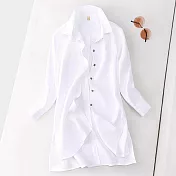 【ACheter】 棉麻襯衫長袖寬鬆大碼中長版上衣 # 115696 L 白色