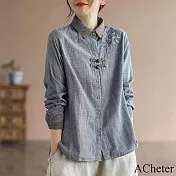 【ACheter】 文藝復古細格子襯衫大碼民族風刺繡風盤扣長袖短版上衣 # 115707 L 藍色
