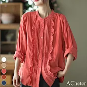 【ACheter】 復古褶皺襯衫翻領長袖純色氣質寬鬆短版上衣 # 115721 XL 西瓜紅