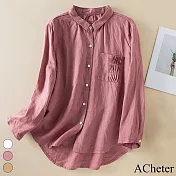 【ACheter】 褶皺口袋純色長袖襯衫氣質百搭寬鬆休閒棉麻短版上衣 # 115725 L 粉紅色
