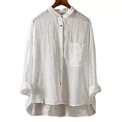 【ACheter】 百搭薄款純色上衣寬鬆大碼麻料長袖襯衫前短後長上衣 # 115726 XL 白色