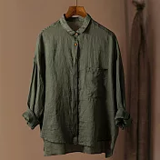 【ACheter】 百搭薄款純色上衣寬鬆大碼麻料長袖襯衫前短後長上衣 # 115726 XL 綠色