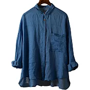 【ACheter】 百搭薄款純色上衣寬鬆大碼麻料長袖襯衫前短後長上衣 # 115726 XL 深藍