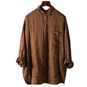 【ACheter】 百搭薄款純色上衣寬鬆大碼麻料長袖襯衫前短後長上衣 # 115726 XL 棕色