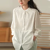 【ACheter】 復古簡約胸口百褶設計立領襯衫長袖寬鬆中長款上衣 # 116016 L 白色