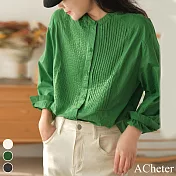 【ACheter】 復古簡約胸口百褶設計立領襯衫長袖寬鬆中長款上衣 # 116016 L 綠色