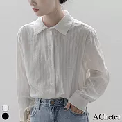 【ACheter】 法式復古白色長袖襯衫百搭緹花條紋寬鬆短版上衣 # 116108 L 白色
