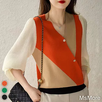 【MsMore】 減齡雪紡燈籠長袖V領針織套衫時髦撞色設計短版上衣 # 116124 FREE 橘色