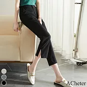 【ACheter】 專櫃品質開衩西裝褲直筒休閒九分薄寬鬆高腰鬆緊長褲 # 116156 XL 黑色