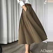 【ACheter】 法式簡約咖色氣質女神腰帶大擺立體百褶高腰傘長裙 # 116162 M 咖色