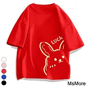 【MsMore】 好運兔紅色短袖T恤寬鬆圓領百搭上衣# 115574 L 紅色