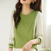 【MsMore】 綠色條紋雪紡長袖拼接圓領假兩件別致寬鬆短版上衣# 116133 XL 綠色