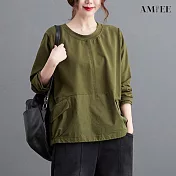 【AMIEE】文青寬鬆純色設計感上衣(KDTY-8586) M 綠色