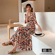 【Jilli~ko】V領質感碎花縮腰顯瘦桔梗連衣裙 J9988  FREE 橘色