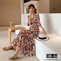 【Jilli~ko】V領質感碎花縮腰顯瘦桔梗連衣裙 J9988 FREE 橘色