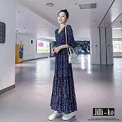 【Jilli~ko】V領深藍碎花縮腰顯瘦花瓣袖連衣裙 J9987  FREE 深藍色