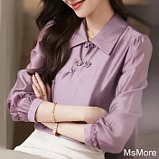 【MsMore】 絲感盤扣設計感不對稱門襟顯瘦長袖百搭寬鬆短版上衣# 116194 2XL 紫色