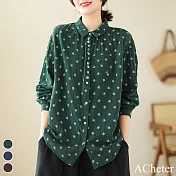 【ACheter】 文藝風嬰兒棉襯衫印花民族風顯瘦長袖中長上衣# 116280 XL 綠色
