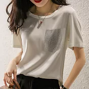 【ACheter】 簡約時髦燙鑽口袋圓領短袖精梳棉T恤寬鬆短版上衣# 116290 L 白色