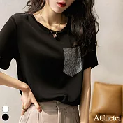 【ACheter】 簡約時髦燙鑽口袋圓領短袖精梳棉T恤寬鬆短版上衣# 116290 M 黑色