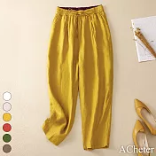 【ACheter】 棉麻鬆緊高腰系帶哈倫褲寬鬆直筒百塔休閒九分長褲# 116267 2XL 黃色