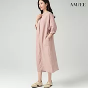 【AMIEE】日系純色棉麻連身洋裝(KDDY-6295) M 粉色