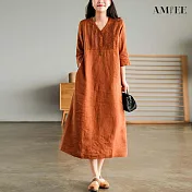 【AMIEE】簡約短袖連身洋裝(KDDY-A143) L 橘色