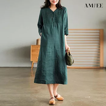 【AMIEE】簡約短袖連身洋裝(KDDY-A143) L 綠色