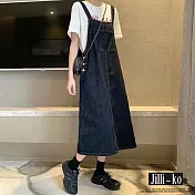 【Jilli~ko】復古中長款牛仔可調整開扣吊帶裙 J10003  FREE 深藍色
