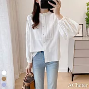 【ACheter】 重工塔克褶圓領法式寬鬆燈籠褶皺長袖襯衫短版上衣 # 115768 XL 白色