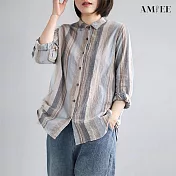 【AMIEE】日系復古條紋顯瘦襯衫(KDTY-8519) M 藍色
