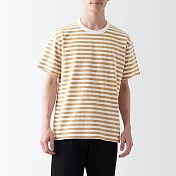 【MUJI 無印良品】男有機棉水洗粗織圓領短袖T恤 XS 芥黃橫紋