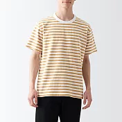【MUJI 無印良品】男有機棉水洗粗織圓領短袖T恤 M 芥黃橫紋